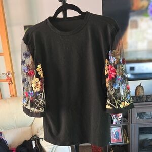 Black Top with Colorful Floral Sleeves